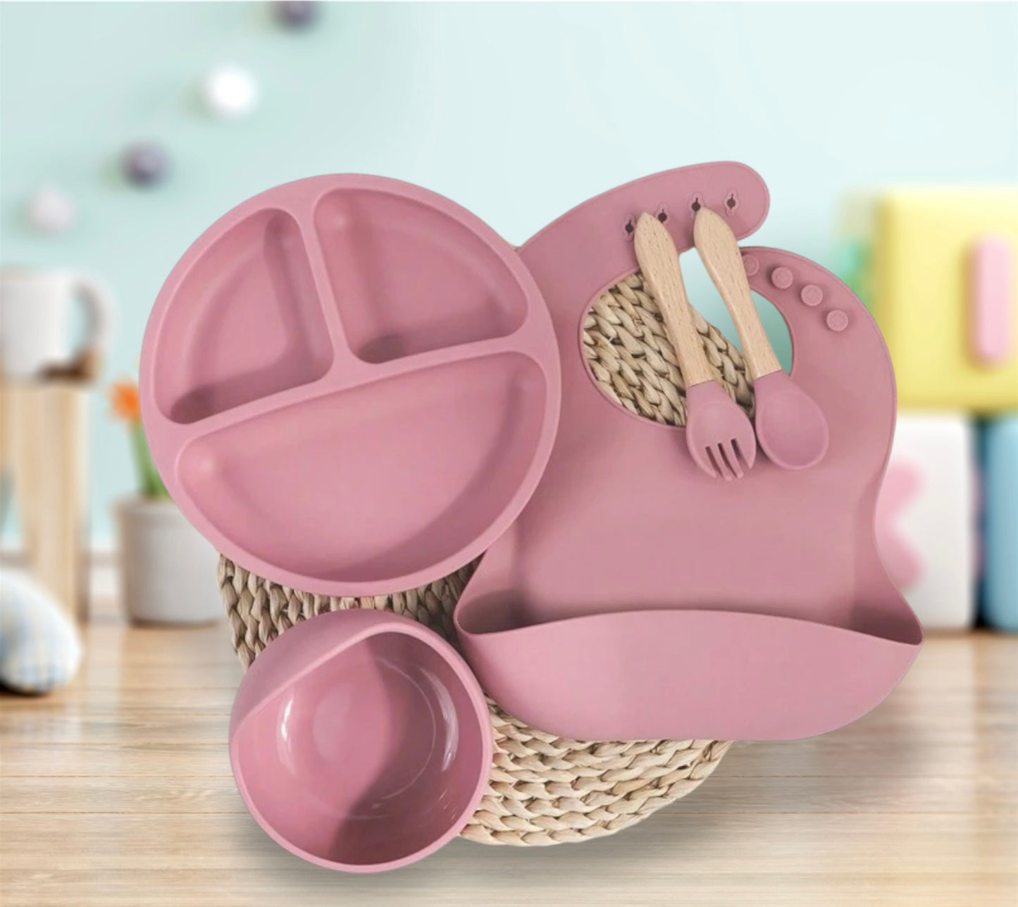 Personalised Baby Feeding Set | 5-Piece Silicone Tableware | Plate, Bowl, Bib, Spoon & Fork