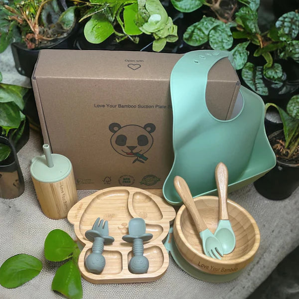 Eco-Friendly Bamboo Baby Suction Plate Feeding Set - Green