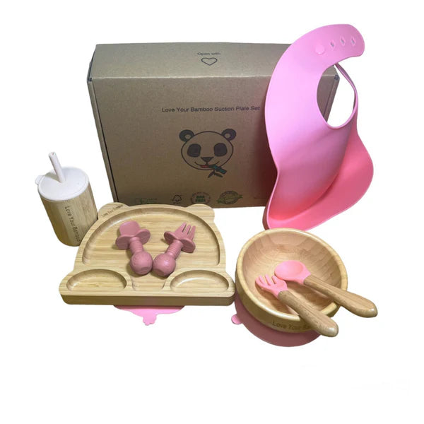 Eco-Friendly Bamboo Baby Suction Plate Feeding Set - Pink