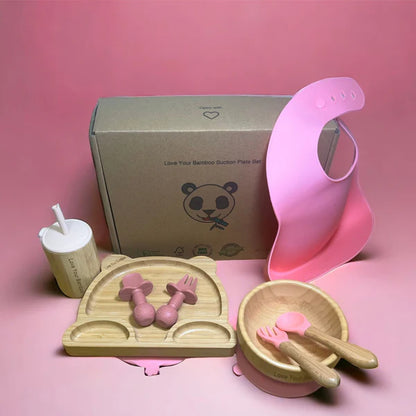 Eco-Friendly Bamboo Baby Suction Plate Feeding Set - Pink