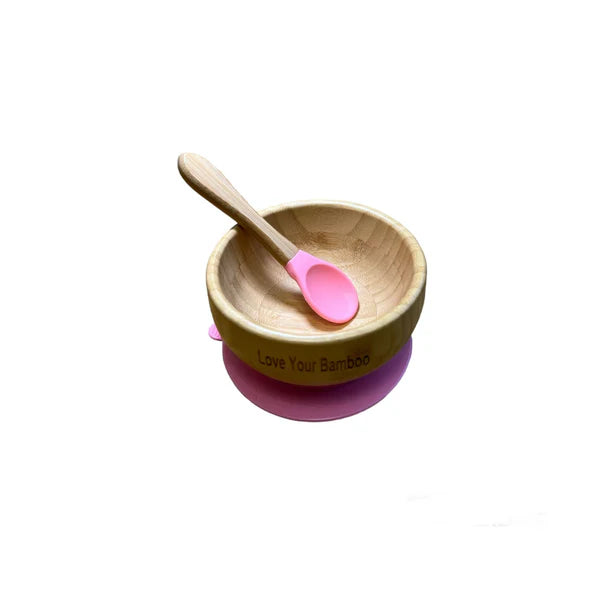 Eco-Friendly Bamboo Baby Suction Plate Feeding Set - Pink